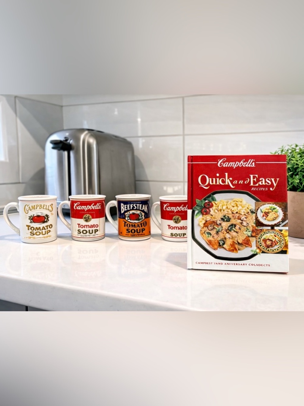 VTG 1994 Campbell’s Soup Mug Set 4 + Quick & Easy Cookbook 125th Anniversary EUC
